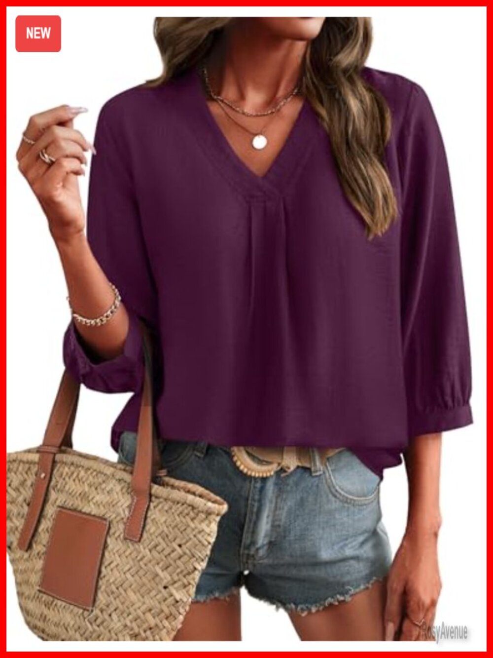 Womens 3/4 Sleeve V Neck Boho Peasant Blouse Dressy Casual Tunic Top